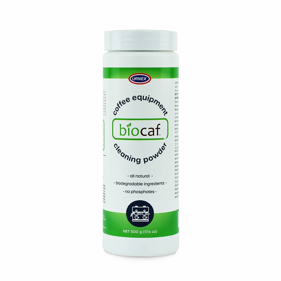 A white and green plastic jar of Biocaf Cleaning Powder. It features text with the product name and green accents.