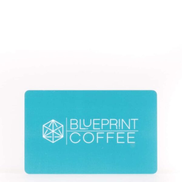 A blue plastic gift card for the Blueprint Coffee physical locations in St. Louis. It is a credit card-sized plastic card bearing the Blueprint Coffee logo.
