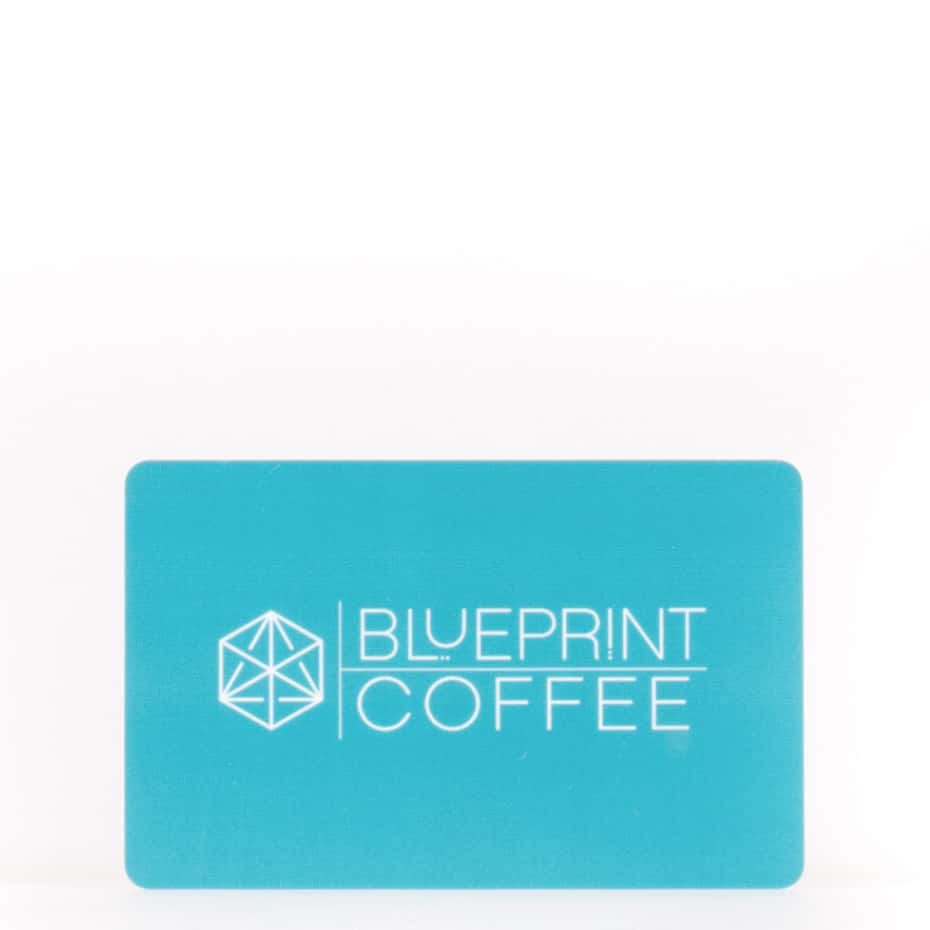 A blue plastic gift card for the Blueprint Coffee physical locations in St. Louis. It is a credit card-sized plastic card bearing the Blueprint Coffee logo.