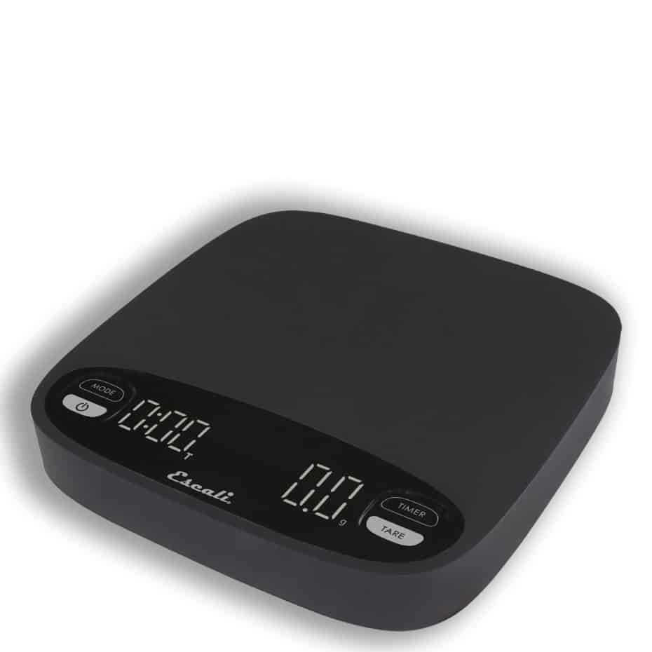 The Escali Version scale is large enough to use for espresso portafilters and practical for pour-over brewing.