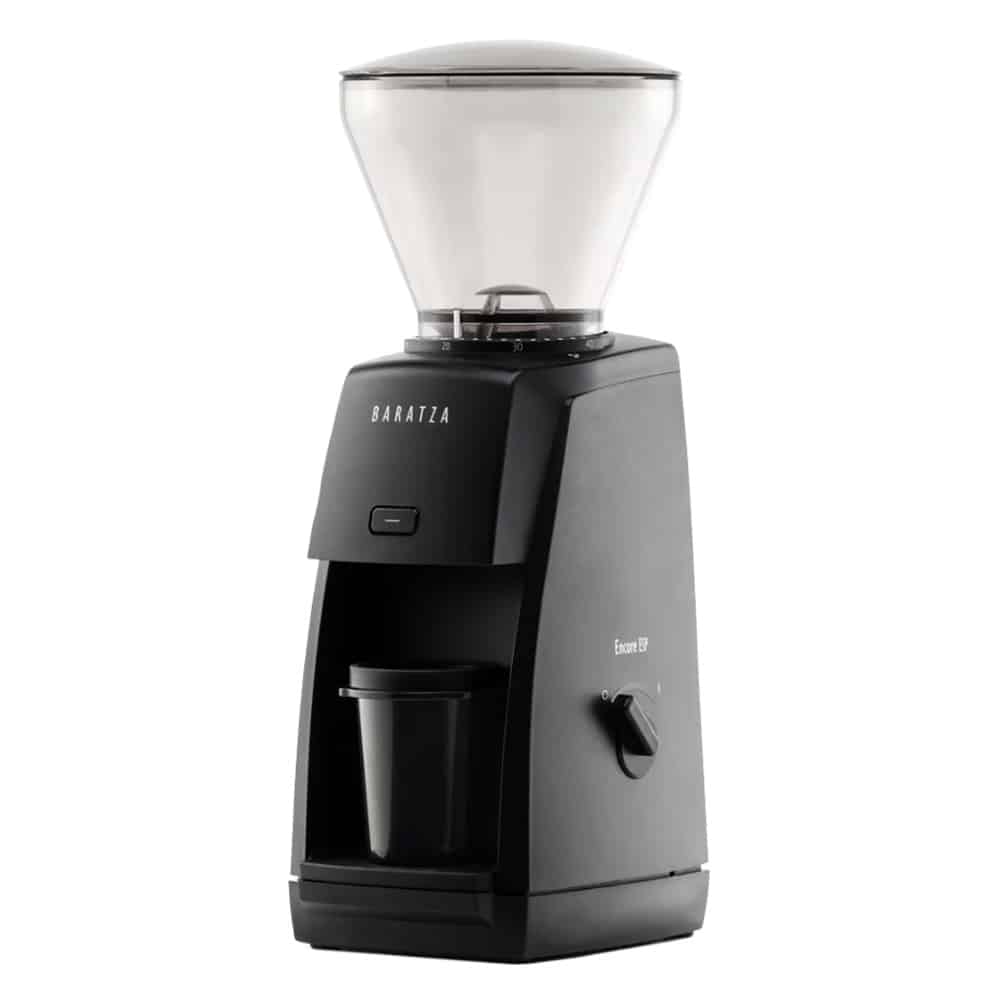 The Baratza Encore ESP espresso grinder in black with a clear hopper and translucent grey dosing cup.