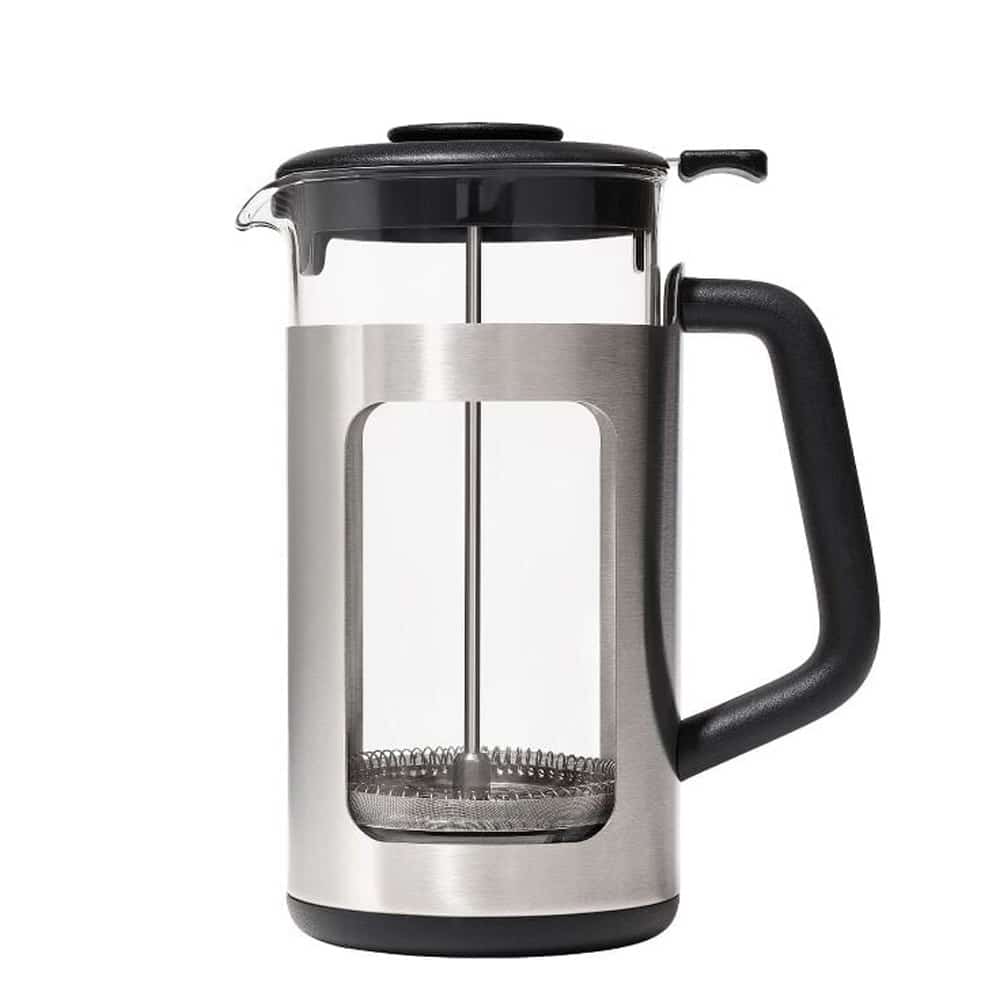 An 8-cup Oxo French Press with glass insert and metal surround.