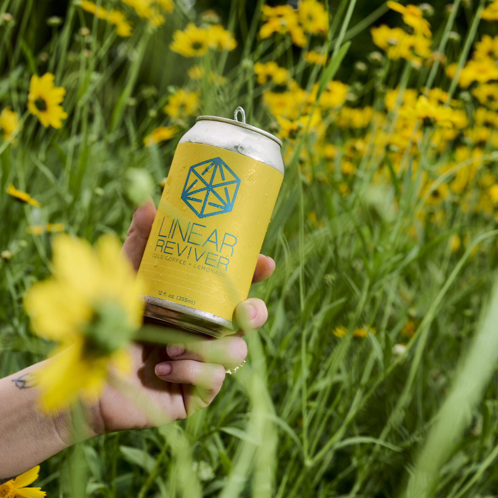 A person's hand holding up a yellow can of Linear Reviver among a field of tall yellow wildflowers