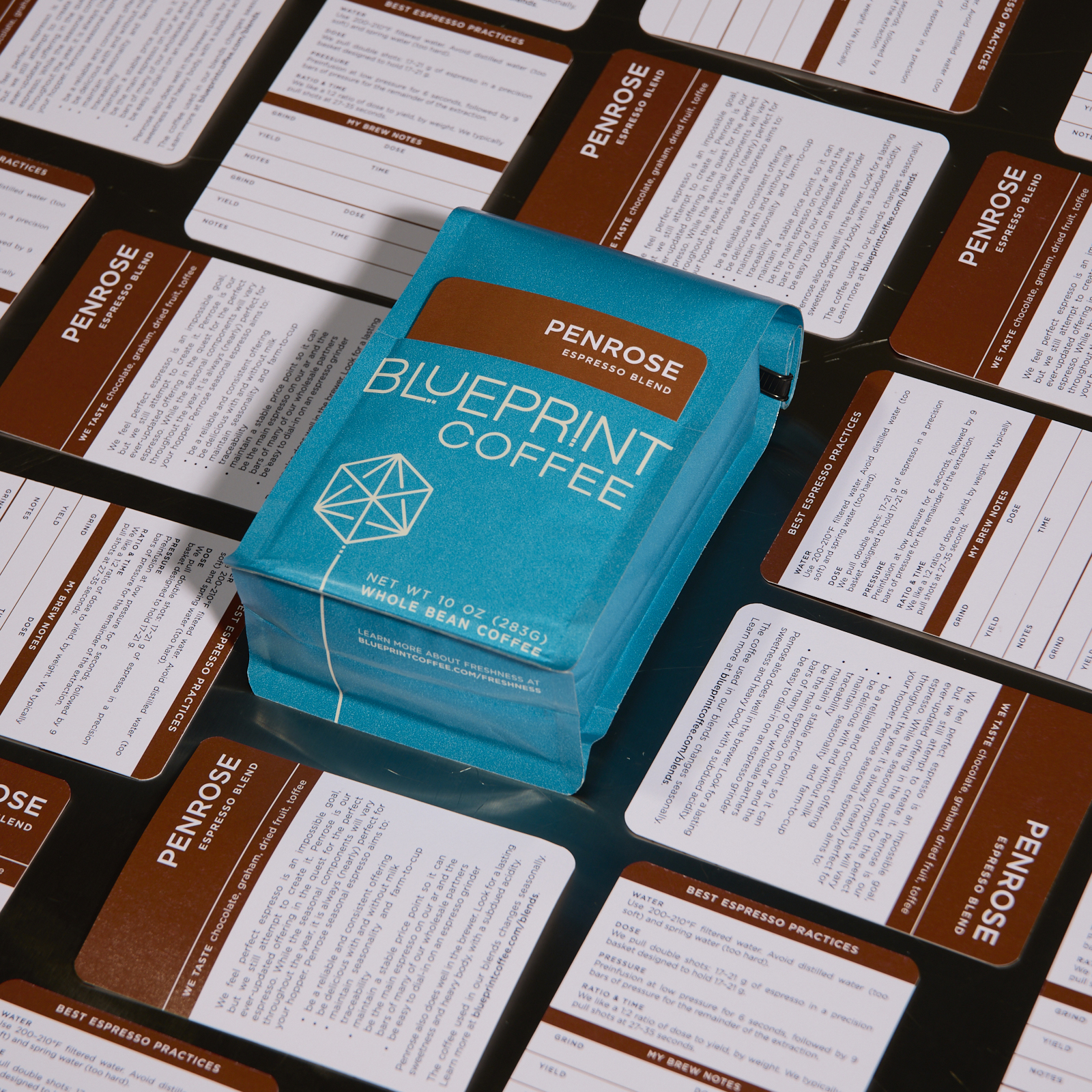 A bright blue bag of Penrose coffee beans is laid face-up in the center of the frame. Surrounding it are the brown removable label cards reading "Penrose", arranged in a grid pattern.