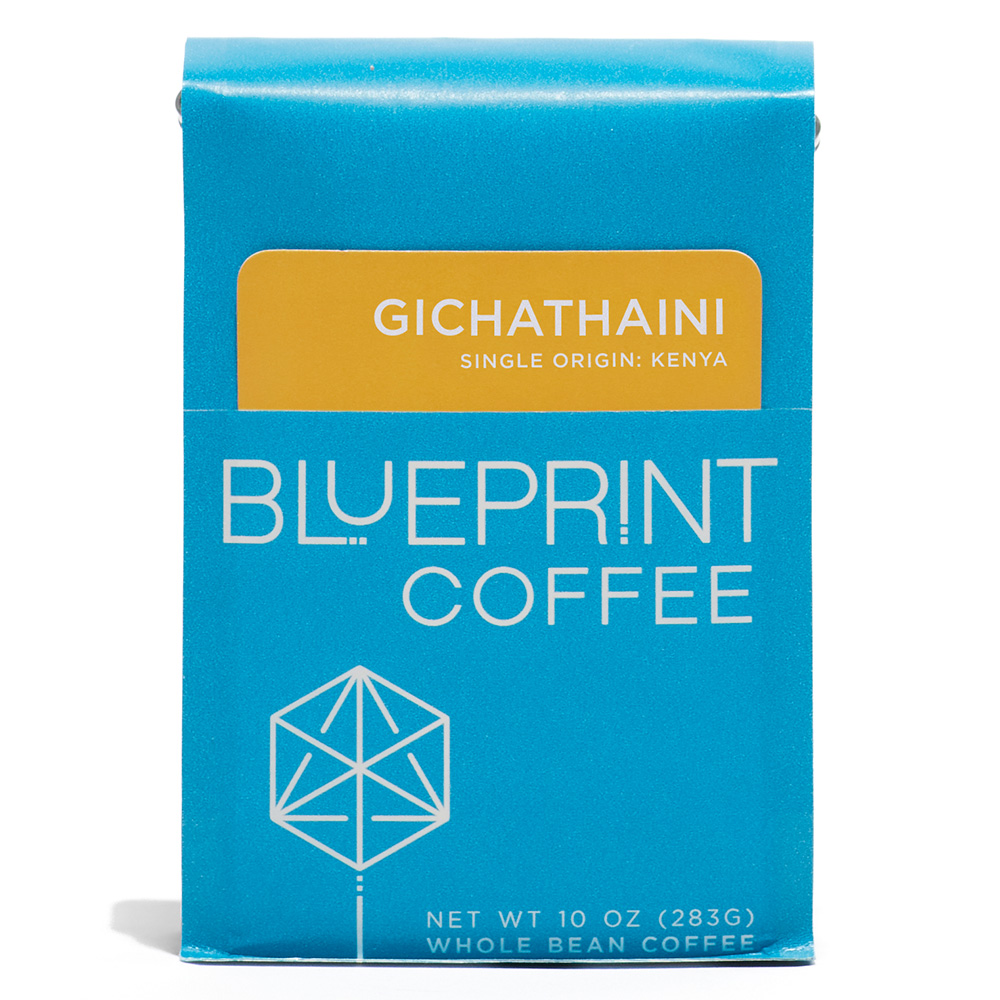 A blue 10-ounce bag of Gichathaini, Kenya coffee beans featuring the Blueprint Coffee Logo and a yellow removable info card.